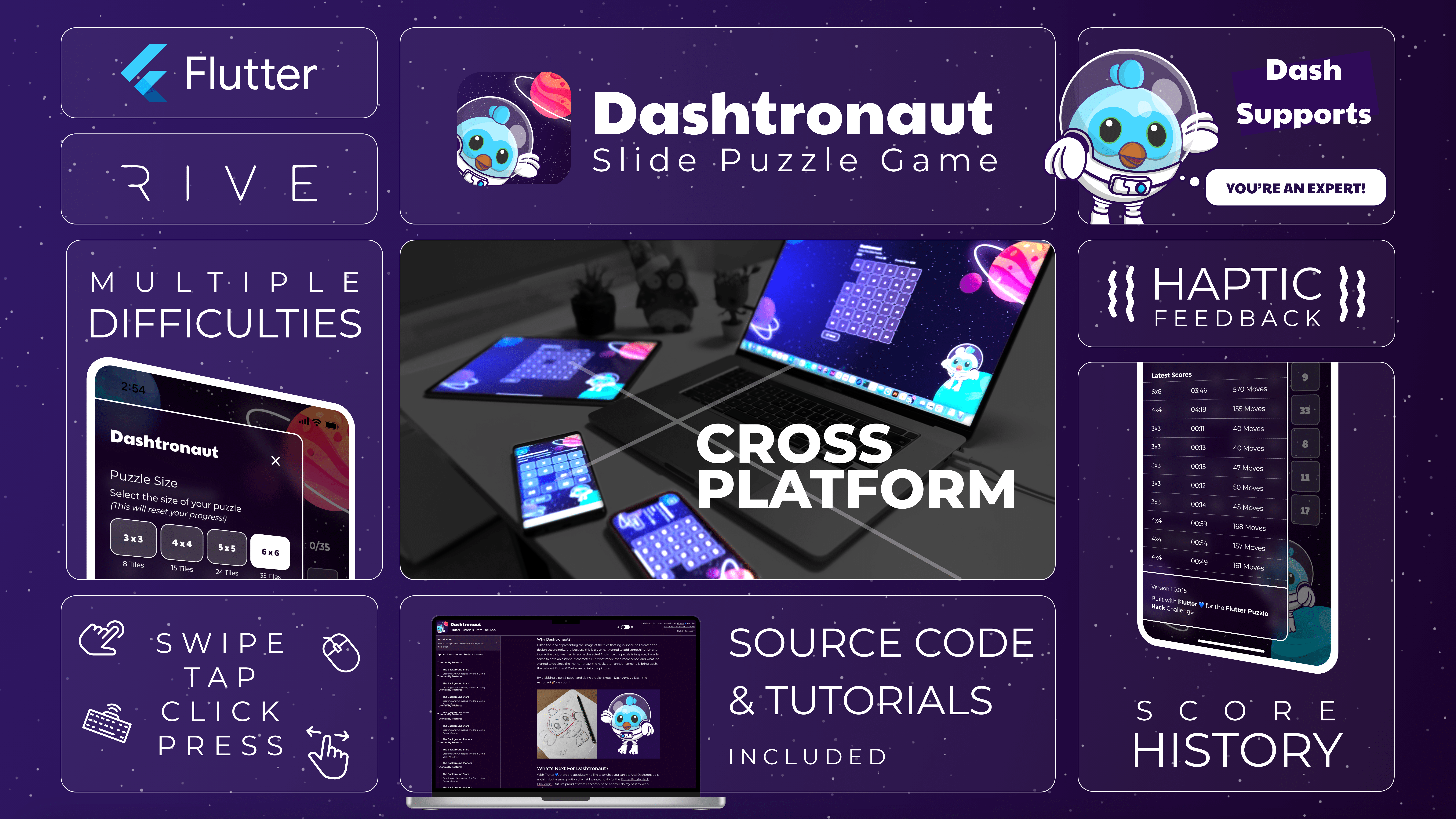 Dashtronaut Flutter Slide Puzzle App Features